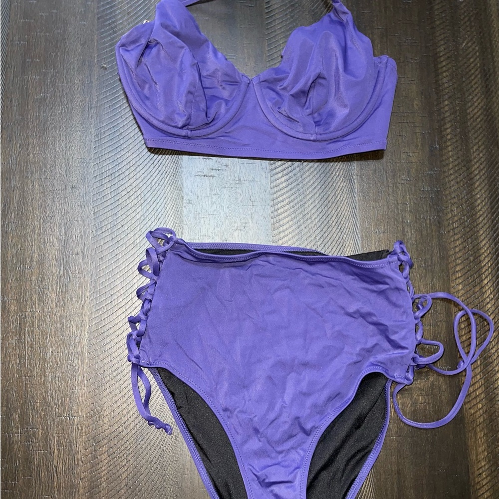 Purple Blue Bikini Set with Lace-Up Sides